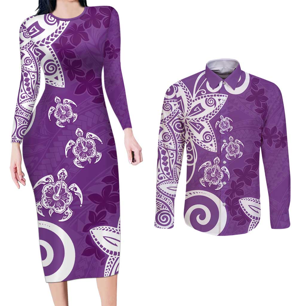 Polynesia Couples Matching Long Sleeve Bodycon Dress and Long Sleeve Button Shirt Purple Tribal Turtle Floral Pattern LT05 Purple - Polynesian Pride