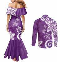 Polynesia Couples Matching Mermaid Dress and Long Sleeve Button Shirt Purple Tribal Turtle Floral Pattern