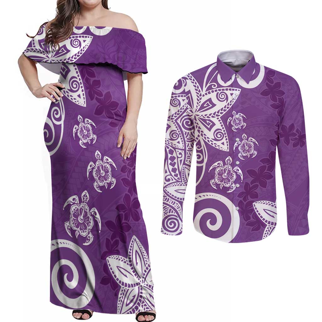 Polynesia Couples Matching Off Shoulder Maxi Dress and Long Sleeve Button Shirt Purple Tribal Turtle Floral Pattern LT05 Purple - Polynesian Pride