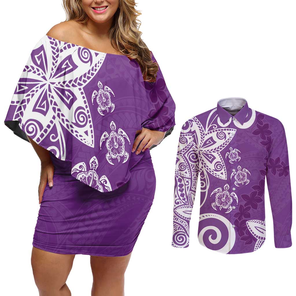 Polynesia Couples Matching Off Shoulder Short Dress and Long Sleeve Button Shirt Purple Tribal Turtle Floral Pattern LT05 Purple - Polynesian Pride