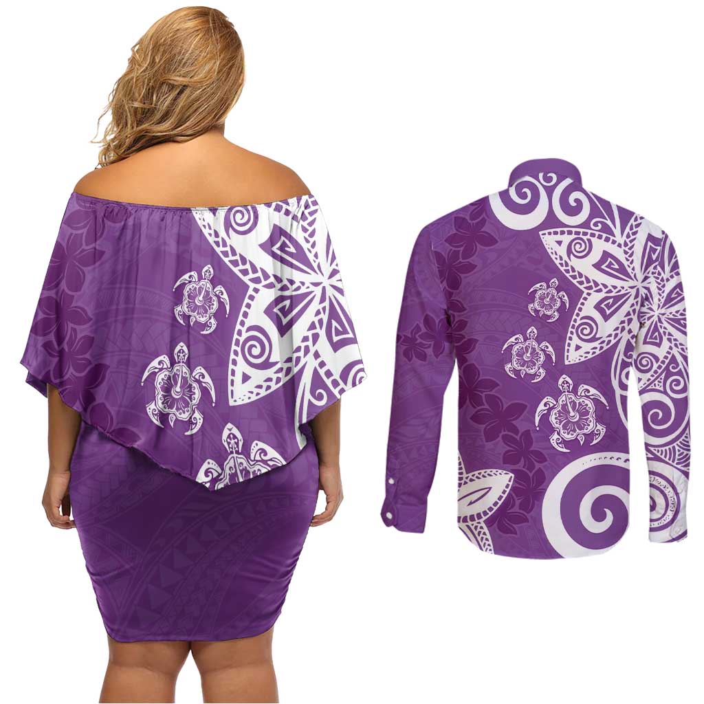 Polynesia Couples Matching Off Shoulder Short Dress and Long Sleeve Button Shirt Purple Tribal Turtle Floral Pattern