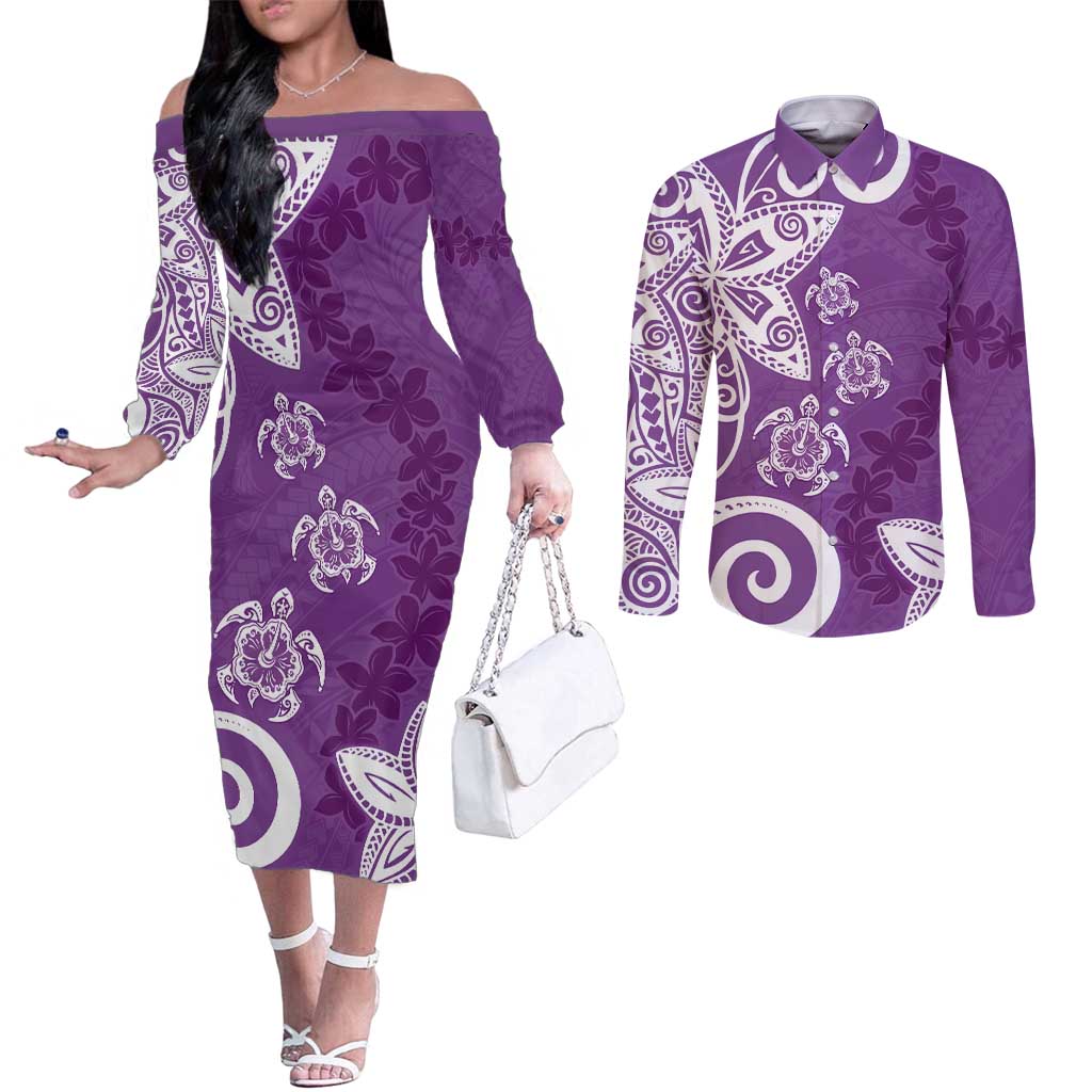 Polynesia Couples Matching Off The Shoulder Long Sleeve Dress and Long Sleeve Button Shirt Purple Tribal Turtle Floral Pattern LT05 Purple - Polynesian Pride