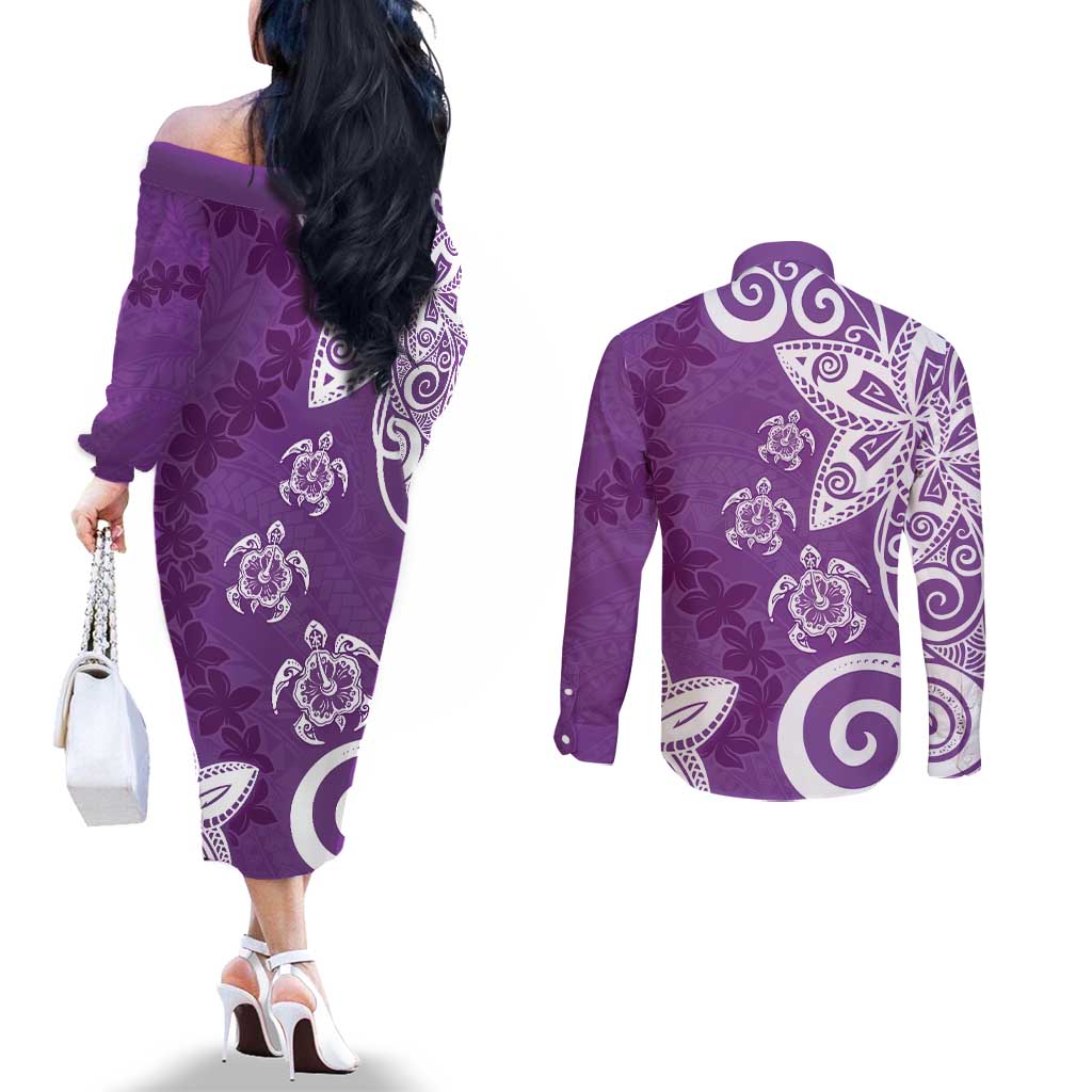 Polynesia Couples Matching Off The Shoulder Long Sleeve Dress and Long Sleeve Button Shirt Purple Tribal Turtle Floral Pattern