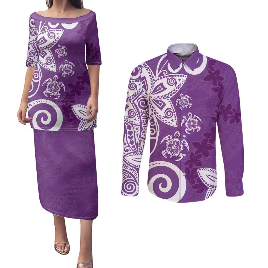 Polynesia Couples Matching Puletasi and Long Sleeve Button Shirt Purple Tribal Turtle Floral Pattern LT05 Purple - Polynesian Pride