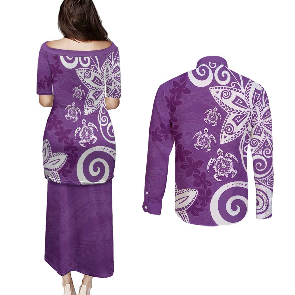 Polynesia Couples Matching Puletasi and Long Sleeve Button Shirt Purple Tribal Turtle Floral Pattern