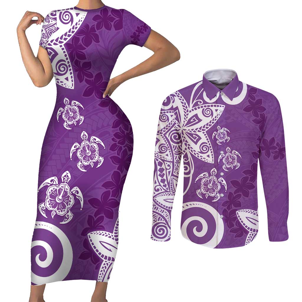 Polynesia Couples Matching Short Sleeve Bodycon Dress and Long Sleeve Button Shirt Purple Tribal Turtle Floral Pattern LT05 Purple - Polynesian Pride