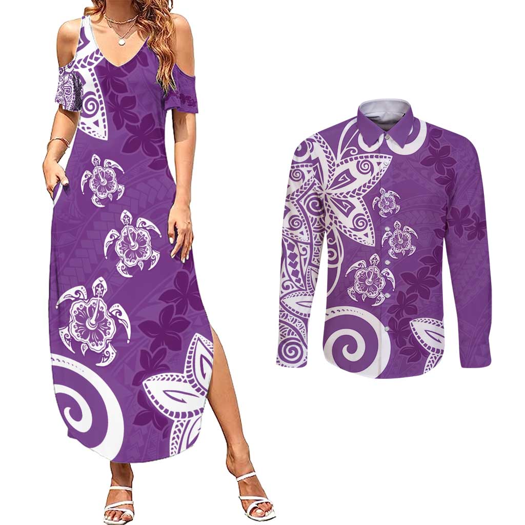 Polynesia Couples Matching Summer Maxi Dress and Long Sleeve Button Shirt Purple Tribal Turtle Floral Pattern