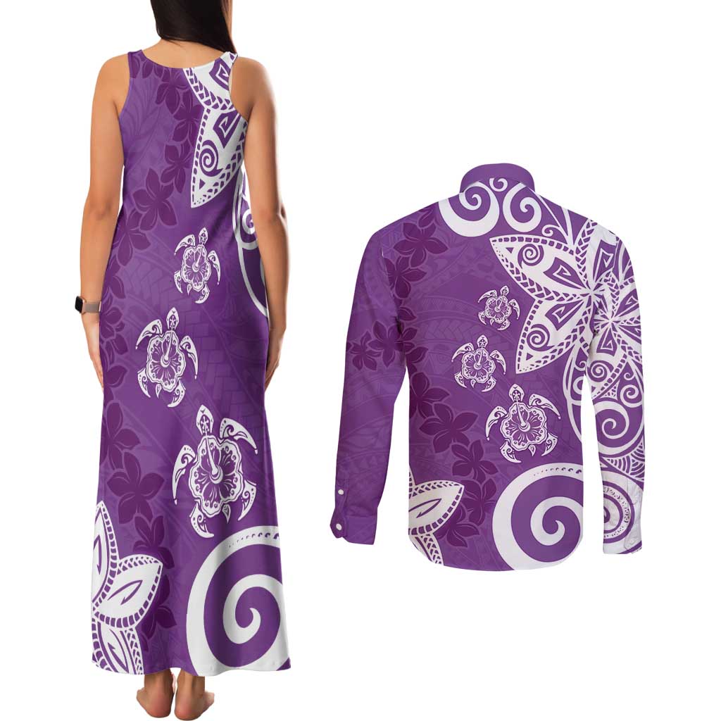 Polynesia Couples Matching Tank Maxi Dress and Long Sleeve Button Shirt Purple Tribal Turtle Floral Pattern