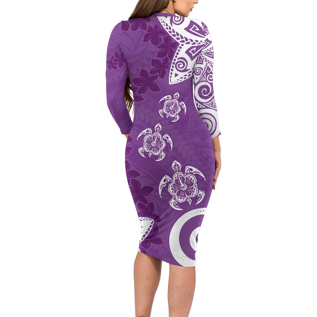Polynesia Family Matching Long Sleeve Bodycon Dress and Hawaiian Shirt Purple Tribal Turtle Floral Pattern