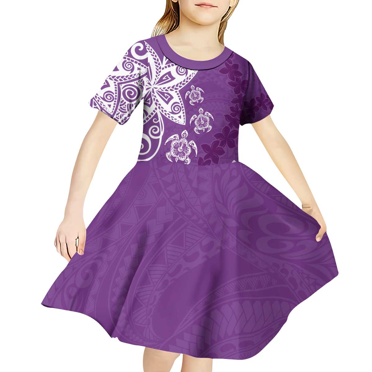 Polynesia Kid Short Sleeve Dress Purple Tribal Turtle Floral Pattern