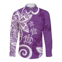 Polynesia Long Sleeve Button Shirt Purple Tribal Turtle Floral Pattern