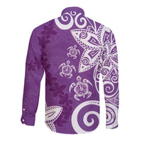 Polynesia Long Sleeve Button Shirt Purple Tribal Turtle Floral Pattern