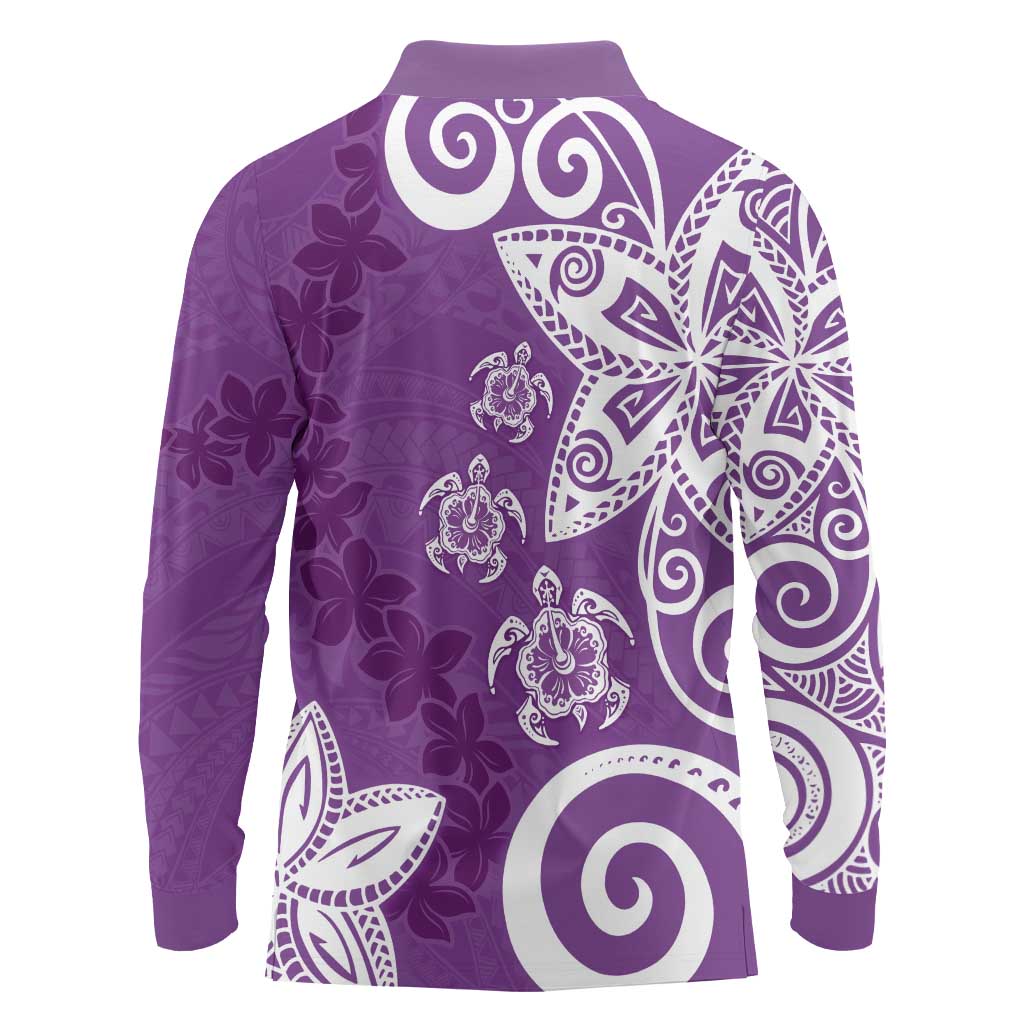 Polynesia Long Sleeve Polo Shirt Purple Tribal Turtle Floral Pattern