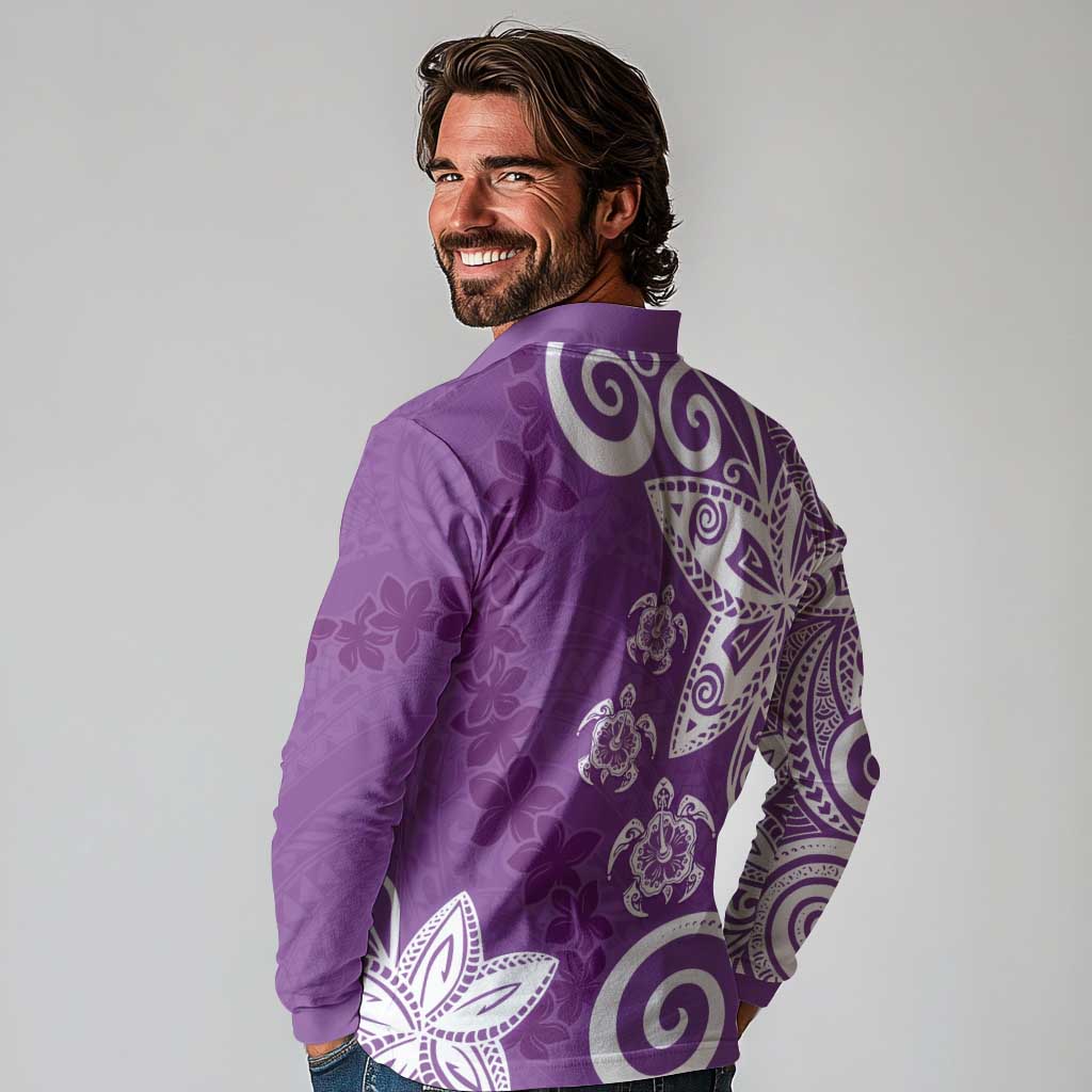 Polynesia Long Sleeve Polo Shirt Purple Tribal Turtle Floral Pattern