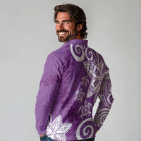Polynesia Long Sleeve Polo Shirt Purple Tribal Turtle Floral Pattern