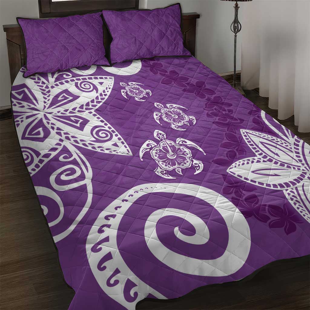 Polynesia Quilt Bed Set Purple Tribal Turtle Floral Pattern
