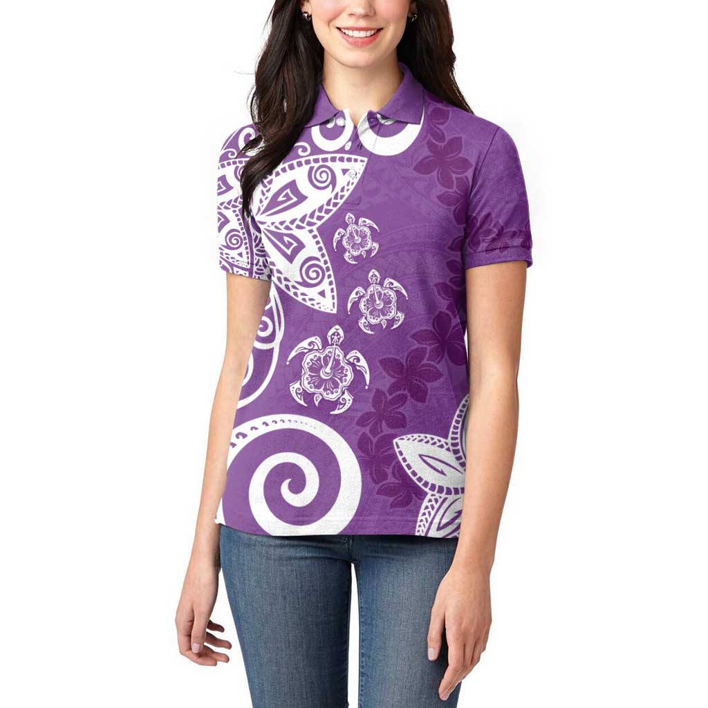 Polynesia Women Polo Shirt Purple Tribal Turtle Floral Pattern