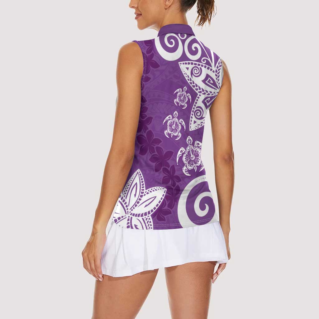 Polynesia Women Sleeveless Polo Shirt Purple Tribal Turtle Floral Pattern