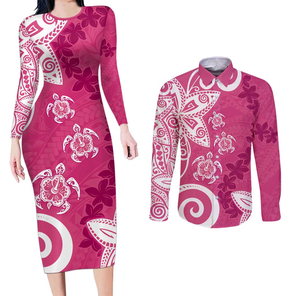 Polynesia Couples Matching Long Sleeve Bodycon Dress and Long Sleeve Button Shirt Pink Tribal Turtle Floral Pattern LT05 Pink - Polynesian Pride