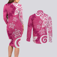 Polynesia Couples Matching Long Sleeve Bodycon Dress and Long Sleeve Button Shirt Pink Tribal Turtle Floral Pattern