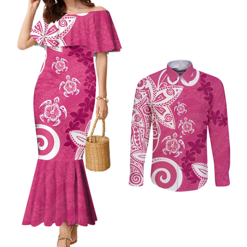 Polynesia Couples Matching Mermaid Dress and Long Sleeve Button Shirt Pink Tribal Turtle Floral Pattern LT05 Pink - Polynesian Pride