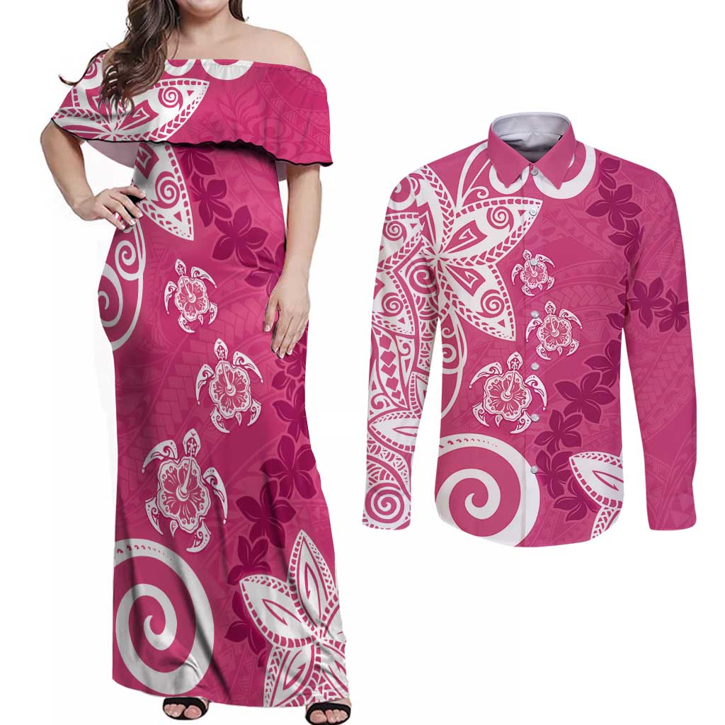 Polynesia Couples Matching Off Shoulder Maxi Dress and Long Sleeve Button Shirt Pink Tribal Turtle Floral Pattern LT05 Pink - Polynesian Pride