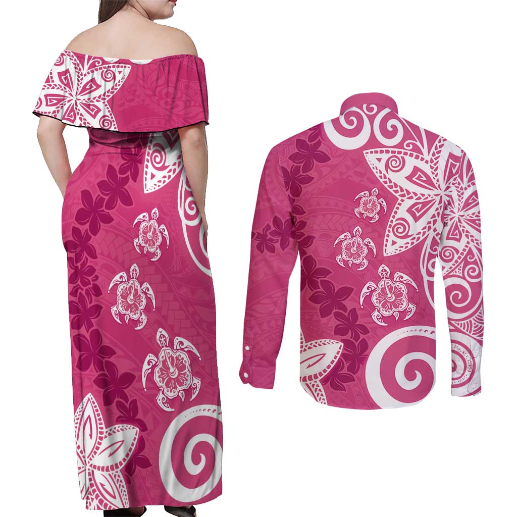 Polynesia Couples Matching Off Shoulder Maxi Dress and Long Sleeve Button Shirt Pink Tribal Turtle Floral Pattern