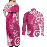 Polynesia Couples Matching Off Shoulder Maxi Dress and Long Sleeve Button Shirt Pink Tribal Turtle Floral Pattern