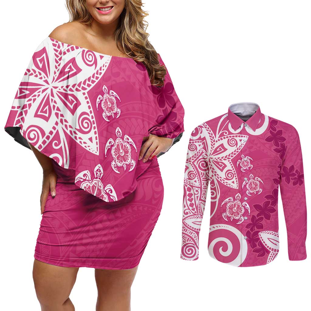 Polynesia Couples Matching Off Shoulder Short Dress and Long Sleeve Button Shirt Pink Tribal Turtle Floral Pattern LT05 Pink - Polynesian Pride