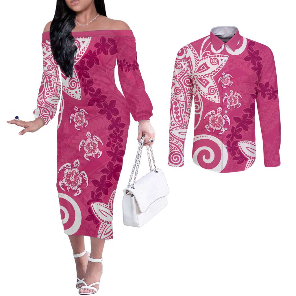 Polynesia Couples Matching Off The Shoulder Long Sleeve Dress and Long Sleeve Button Shirt Pink Tribal Turtle Floral Pattern LT05 Pink - Polynesian Pride