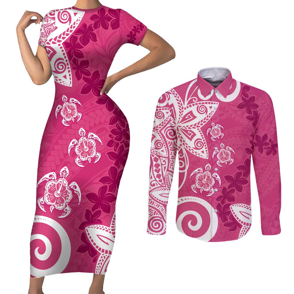 Polynesia Couples Matching Short Sleeve Bodycon Dress and Long Sleeve Button Shirt Pink Tribal Turtle Floral Pattern LT05 Pink - Polynesian Pride
