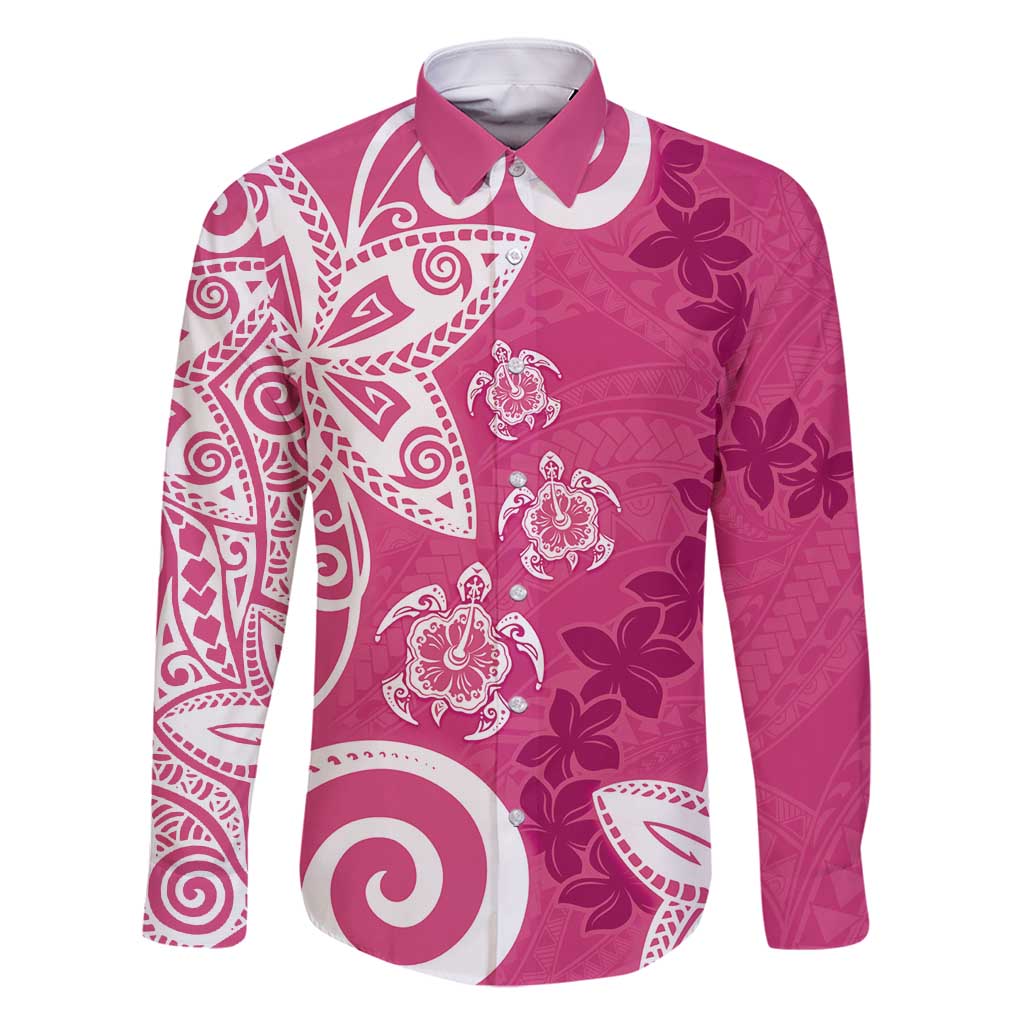 Polynesia Family Matching Long Sleeve Bodycon Dress and Hawaiian Shirt Pink Tribal Turtle Floral Pattern