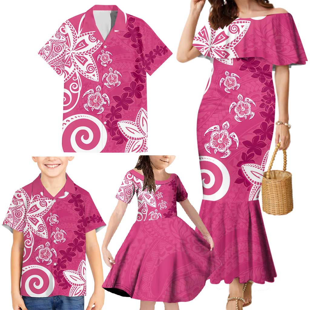 Polynesia Family Matching Mermaid Dress and Hawaiian Shirt Pink Tribal Turtle Floral Pattern