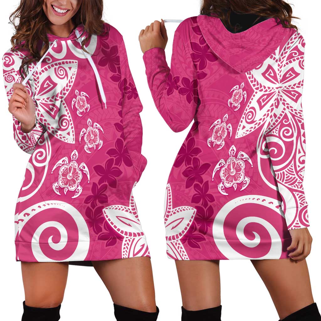 Polynesia Hoodie Dress Pink Tribal Turtle Floral Pattern