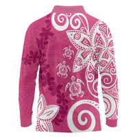 Polynesia Long Sleeve Polo Shirt Pink Tribal Turtle Floral Pattern