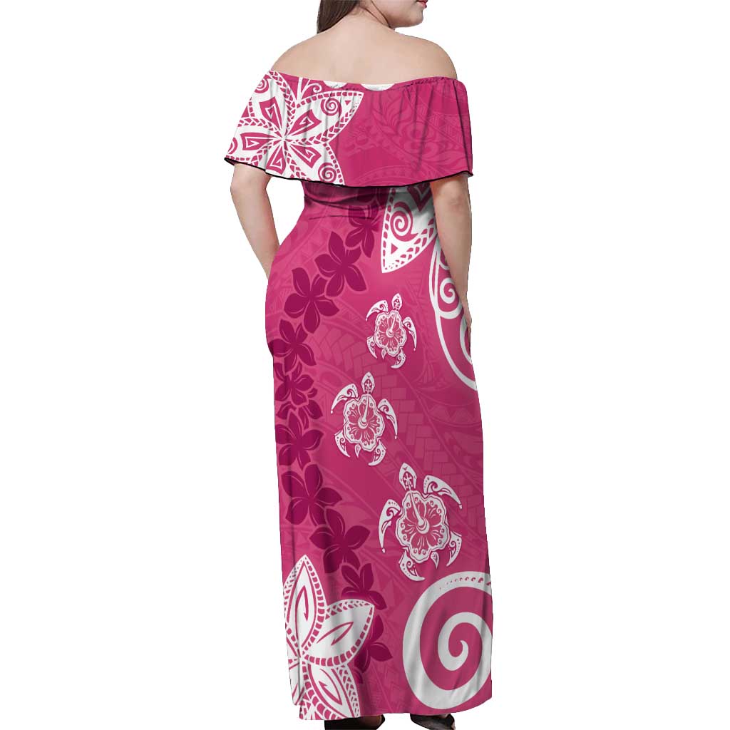 Polynesia Off Shoulder Maxi Dress Pink Tribal Turtle Floral Pattern