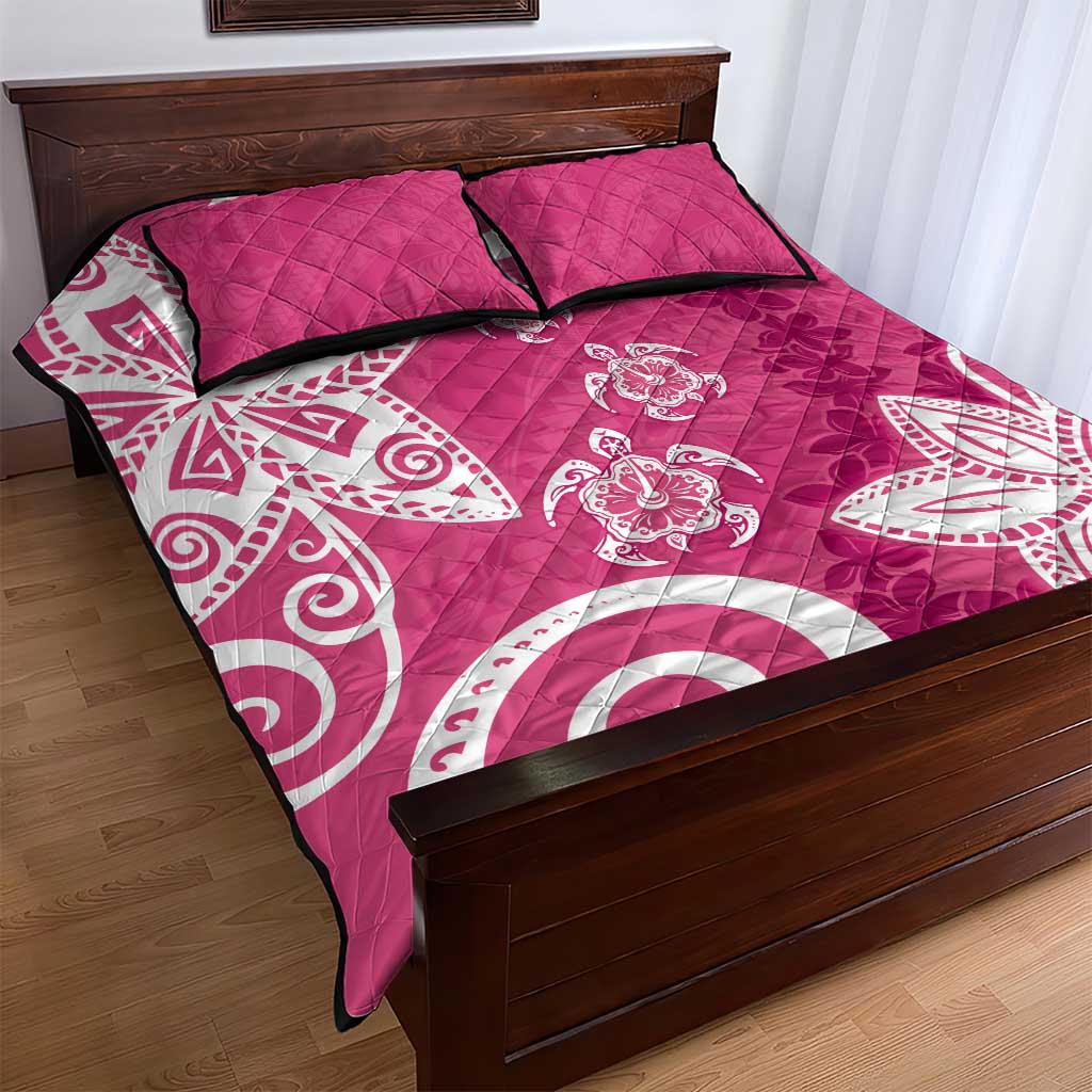 Polynesia Quilt Bed Set Pink Tribal Turtle Floral Pattern