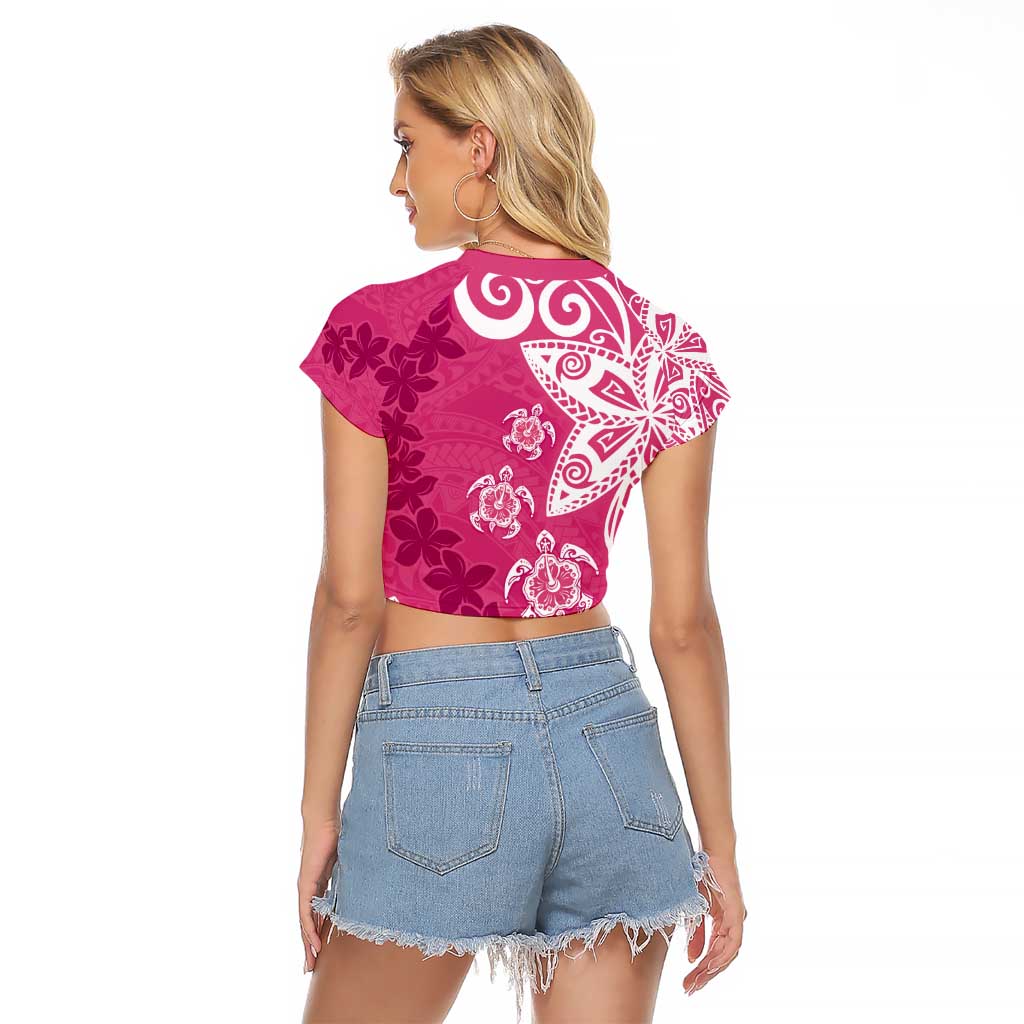 Polynesia Raglan Cropped T Shirt Pink Tribal Turtle Floral Pattern