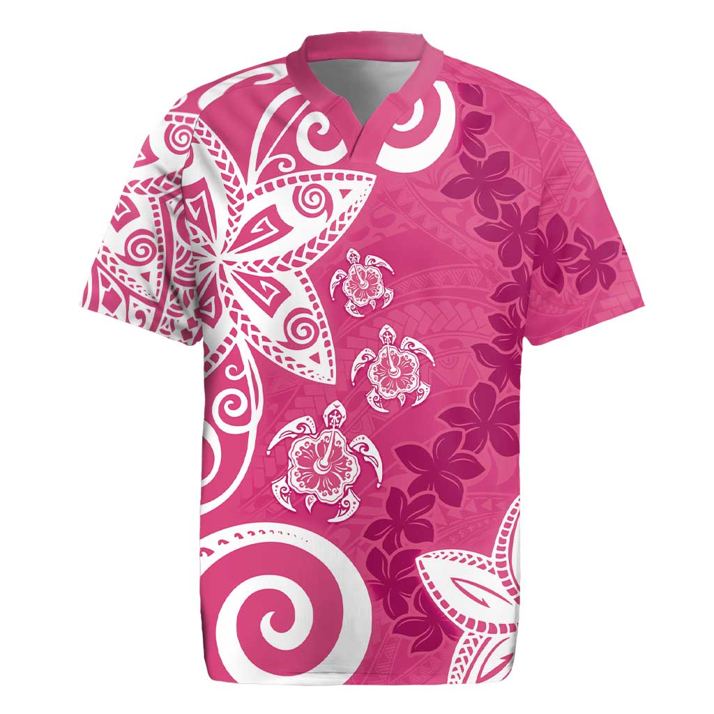 Polynesia Rugby Jersey Pink Tribal Turtle Floral Pattern