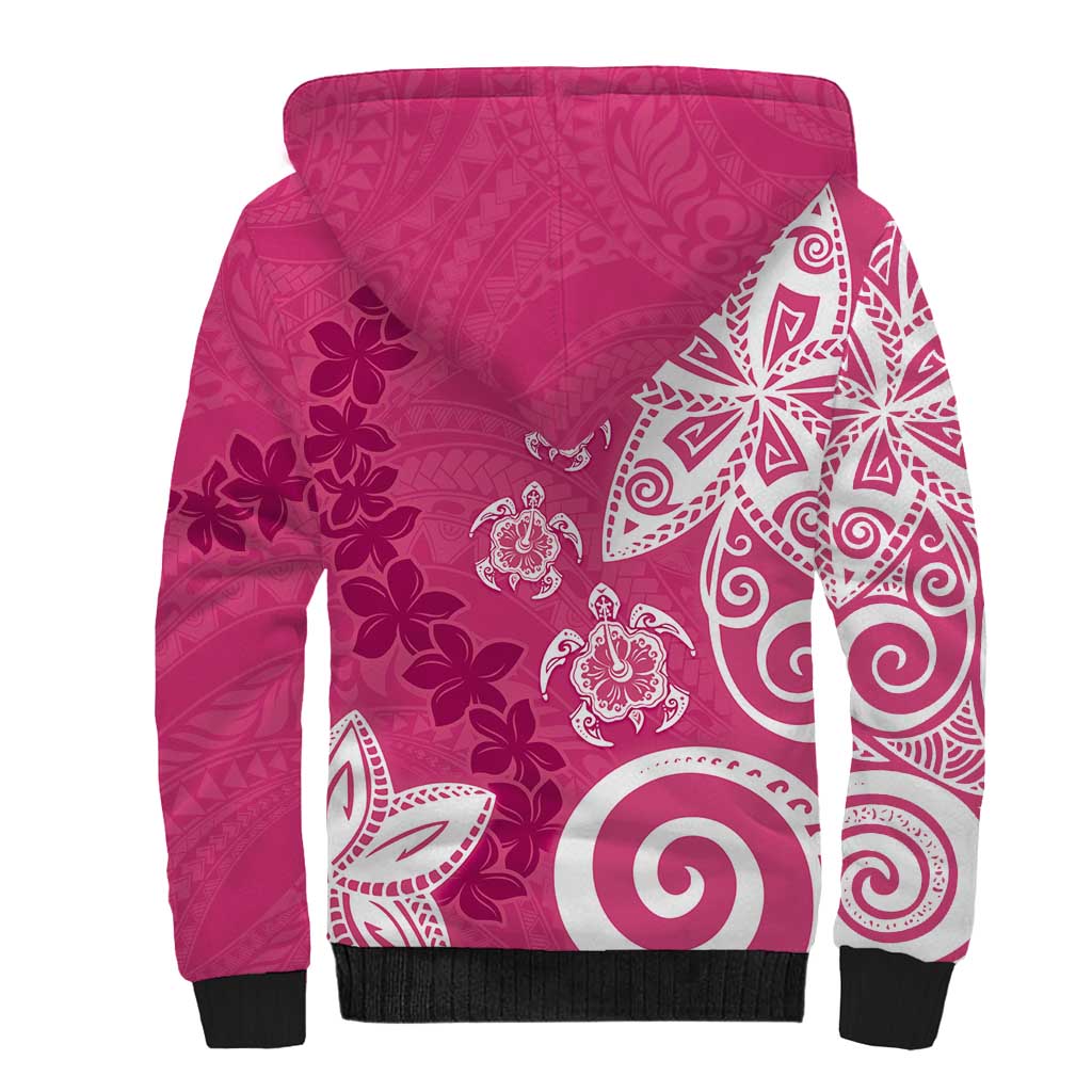 Polynesia Sherpa Hoodie Pink Tribal Turtle Floral Pattern