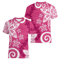 Polynesia Women V-Neck T-Shirt Pink Tribal Turtle Floral Pattern