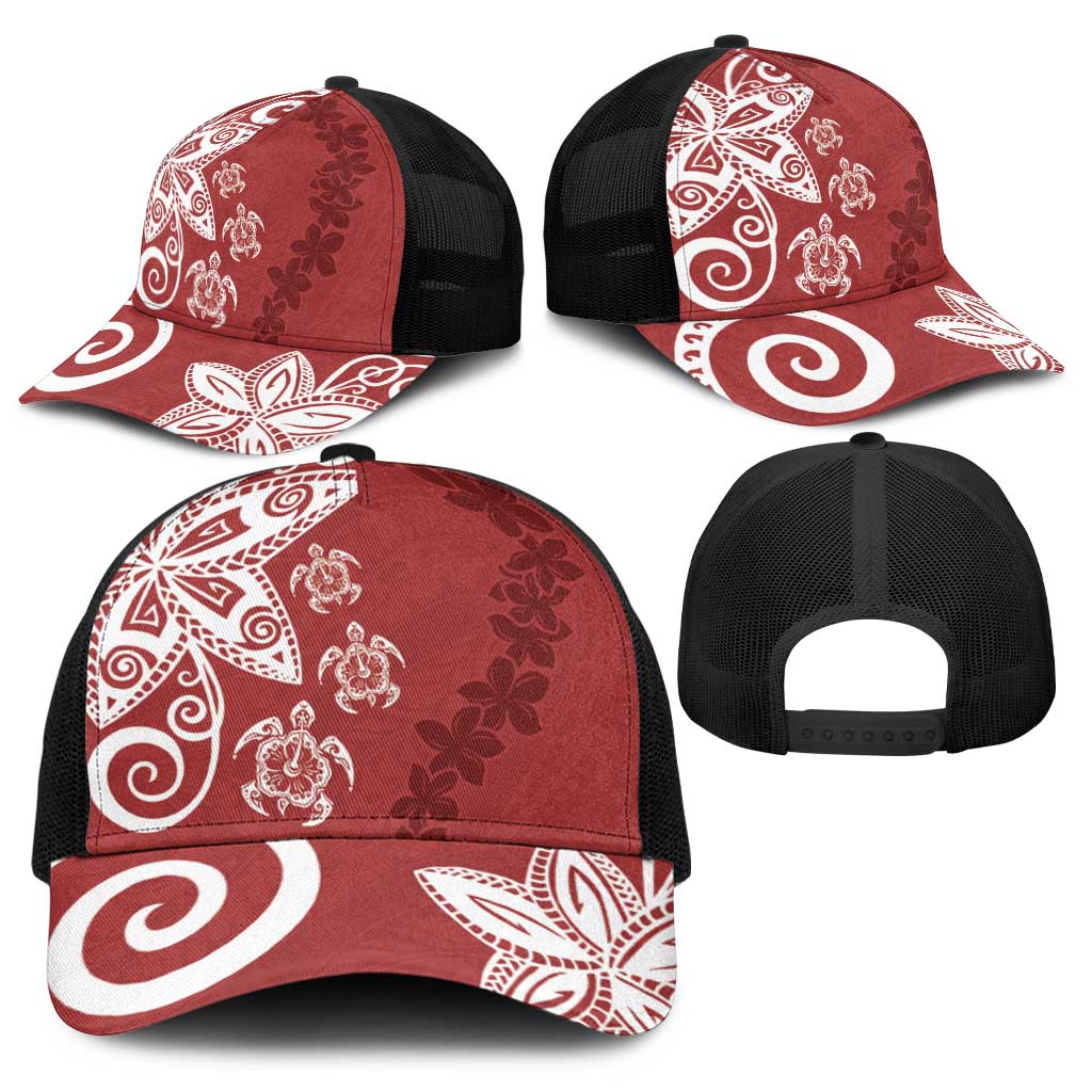 Polynesia Baseball Net Cap Red Tribal Turtle Floral Pattern - Polynesian Pride