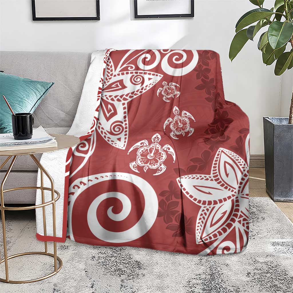 Polynesia Blanket Red Tribal Turtle Floral Pattern