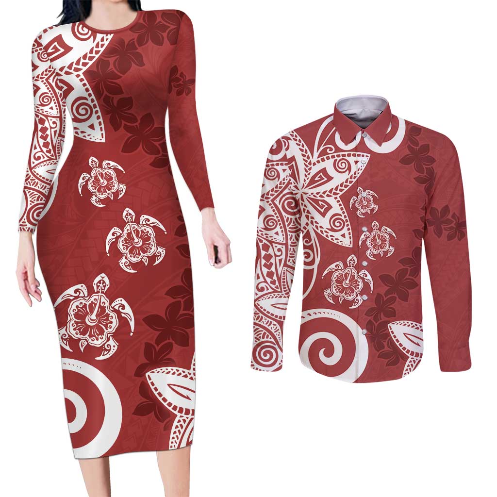 Polynesia Couples Matching Long Sleeve Bodycon Dress and Long Sleeve Button Shirt Red Tribal Turtle Floral Pattern LT05 Red - Polynesian Pride