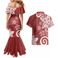 Polynesia Couples Matching Mermaid Dress and Hawaiian Shirt Red Tribal Turtle Floral Pattern