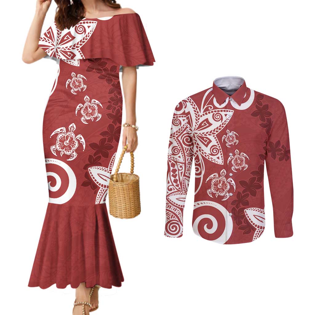Polynesia Couples Matching Mermaid Dress and Long Sleeve Button Shirt Red Tribal Turtle Floral Pattern LT05 Red - Polynesian Pride