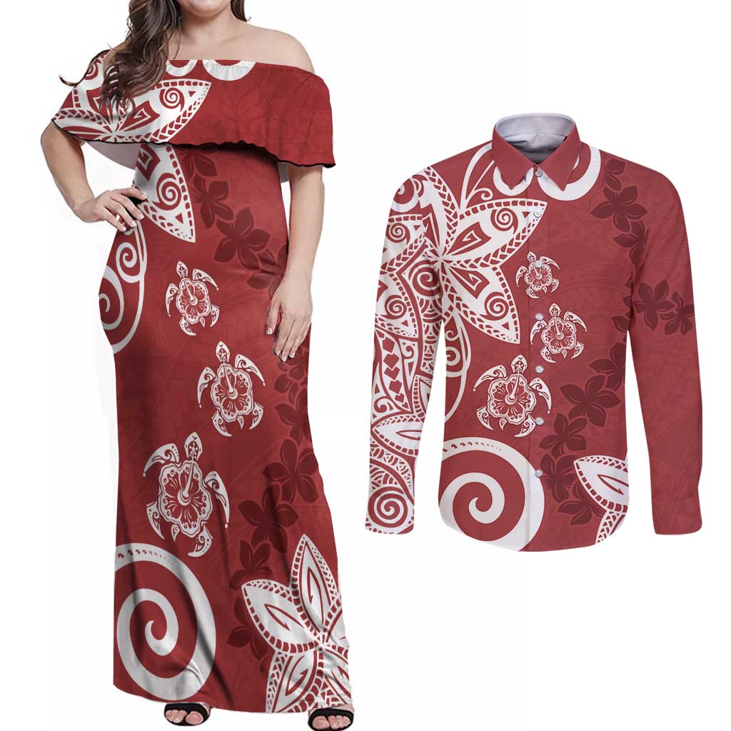 Polynesia Couples Matching Off Shoulder Maxi Dress and Long Sleeve Button Shirt Red Tribal Turtle Floral Pattern