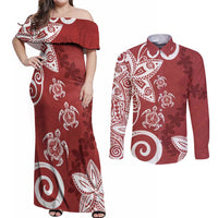 Polynesia Couples Matching Off Shoulder Maxi Dress and Long Sleeve Button Shirt Red Tribal Turtle Floral Pattern