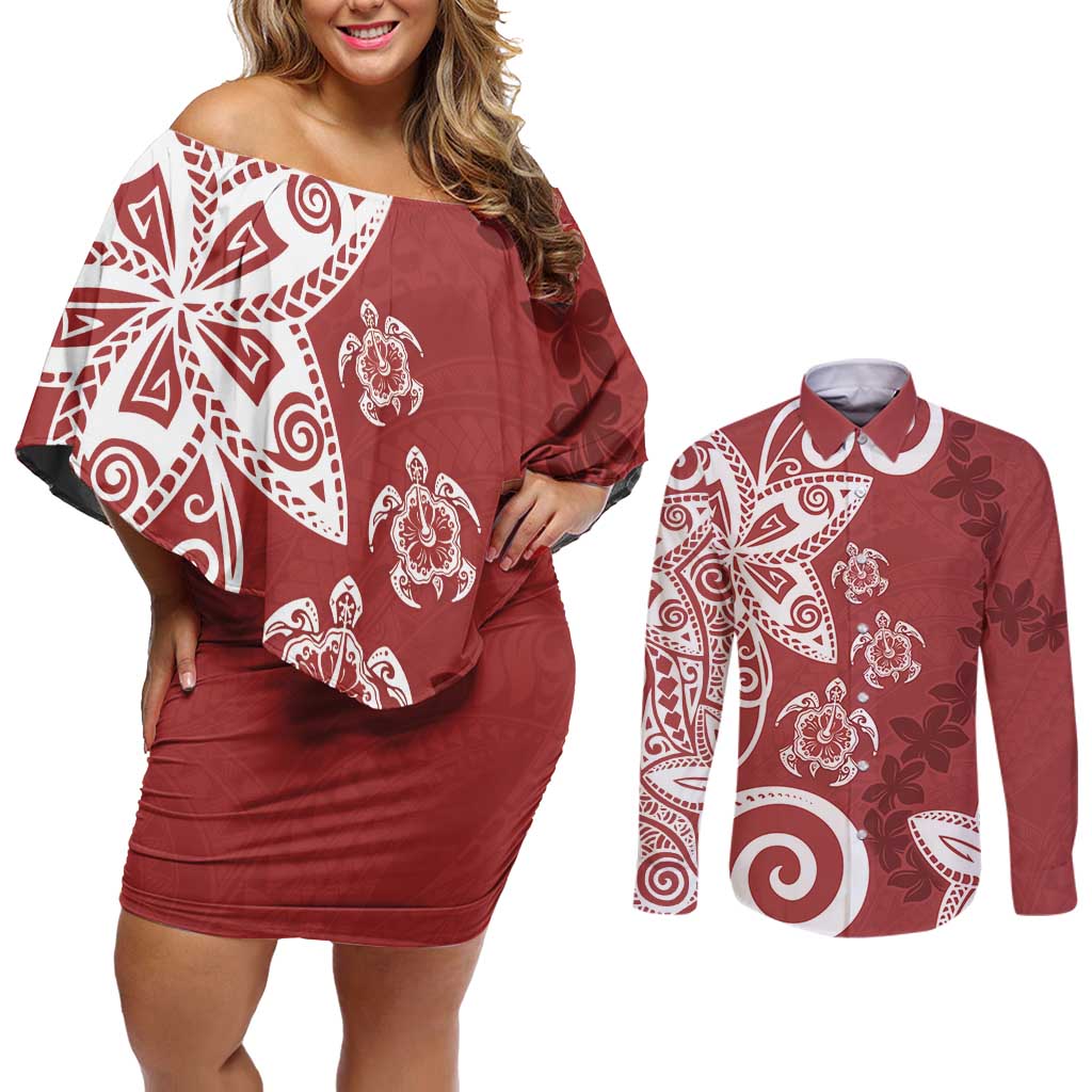Polynesia Couples Matching Off Shoulder Short Dress and Long Sleeve Button Shirt Red Tribal Turtle Floral Pattern LT05 Red - Polynesian Pride