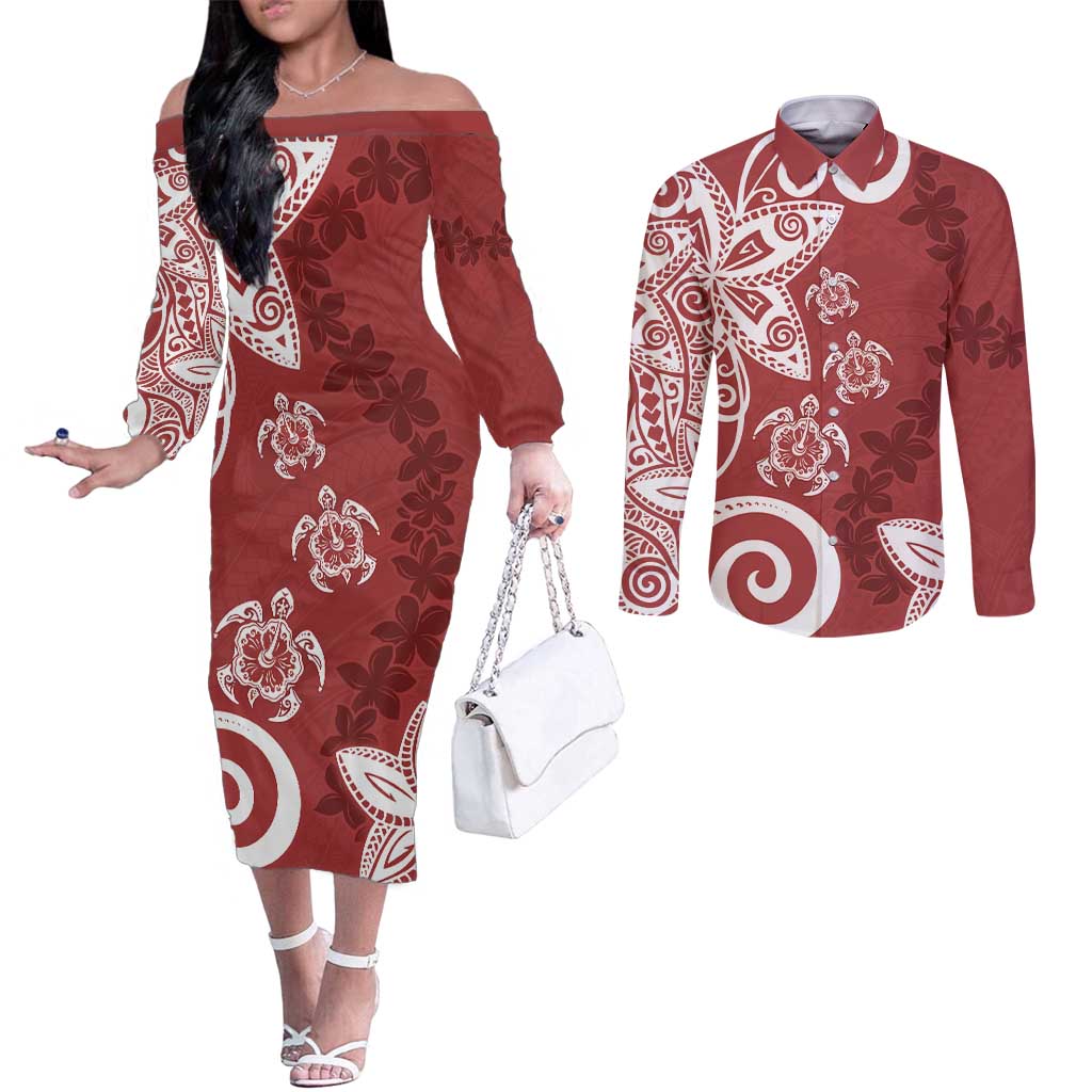 Polynesia Couples Matching Off The Shoulder Long Sleeve Dress and Long Sleeve Button Shirt Red Tribal Turtle Floral Pattern LT05 Red - Polynesian Pride